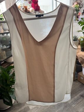 Ann Taylor Cream and Tan Colorblock Sheer-Panel Tank Top Size S